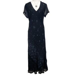Vintage Black‎ Floral Maxi Dress - Beaded Chiffon - Dark Fairycore - Women's 12P